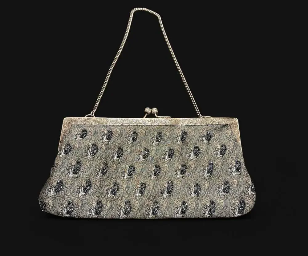 Christiana Vintage Beaded Evening Bag with Antiqued Silver Hardware